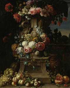Gaspar Peeter De Verbrugg.. - 風景の中の果実の花の花瓶